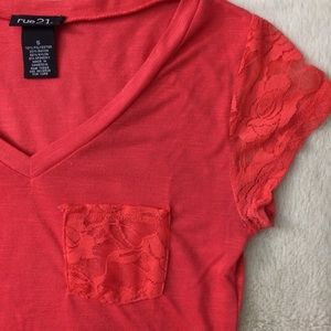 Bright coral fitted t shirt with lace details